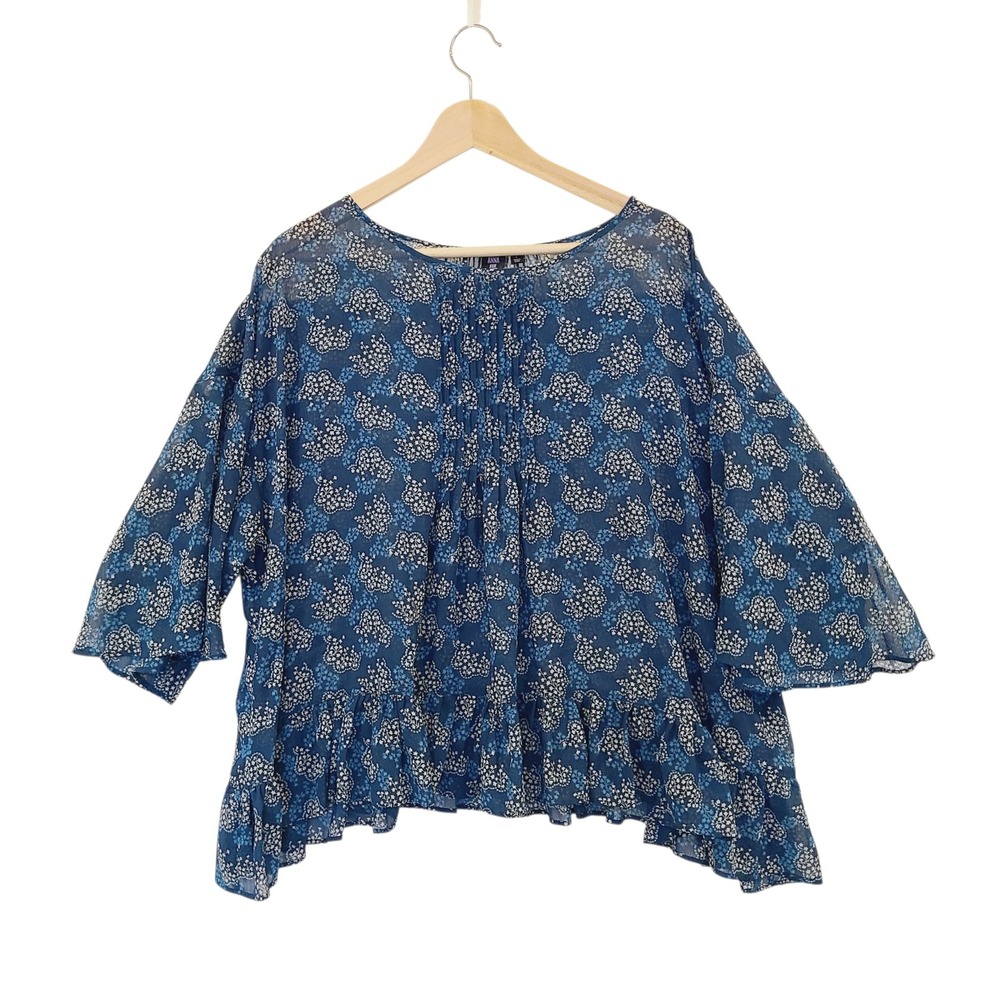 Anna Sui x‎ Uniqlo Blue Floral Pintuck Ruffle Blouse Oversized Chiffon Large